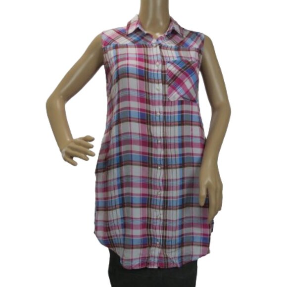 Papillon Sleeveless Button Down High Low Plaid Tunic - Picture 1 of 6